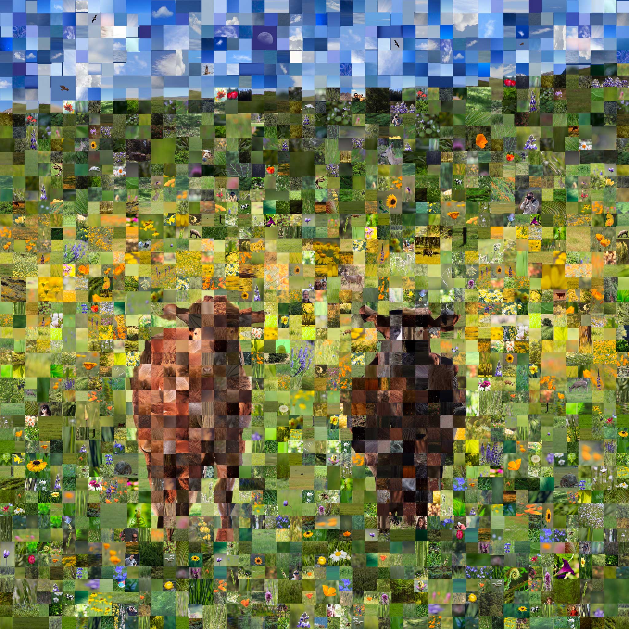 mosaic landscape with cows and flowers