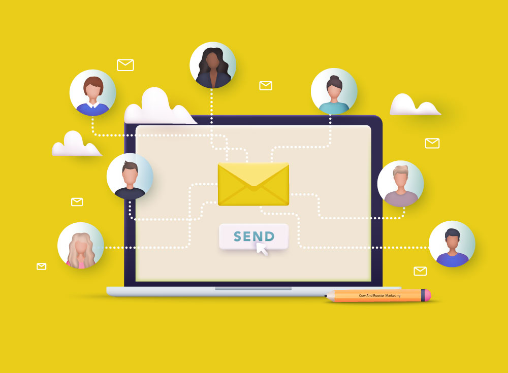 Illustration showing email marketing with a diverse group of people.