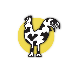 Rooster with cow print skin with yellow/gold circle in background. Logo for Cow and Rooster Marketing