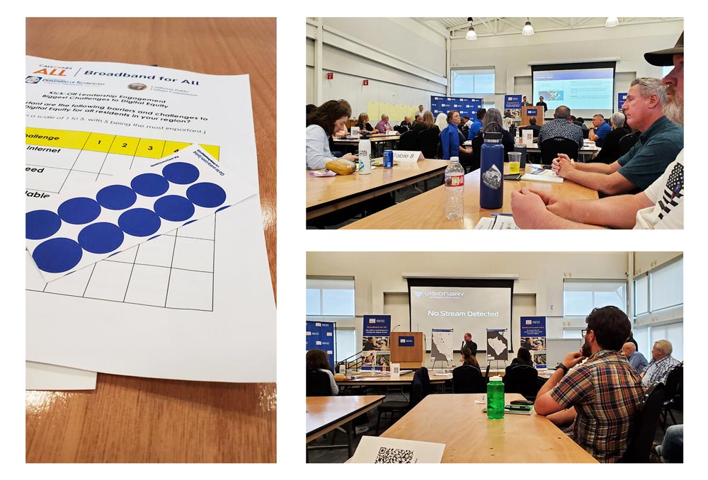 Collage of three images from Tuolumne County's Broadband For All Workshop. Left is form to rank what is important, two photos on right show the audience and speakers.