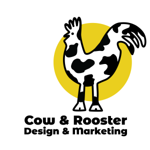Logo, Rooster with cow print skin in front of a yellow Circle.