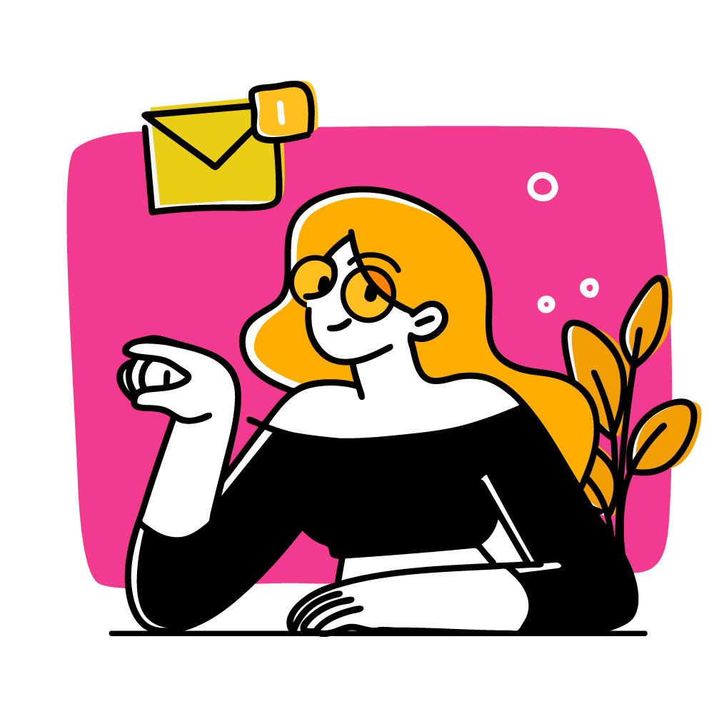 Illustration of woman pointing with email notification floating over her head.