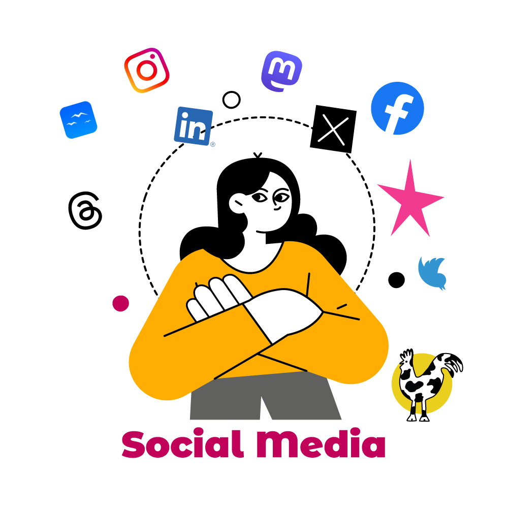 Illustration of woman with many social media icons dancing above her head.