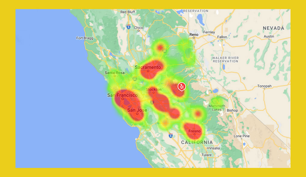 Heat map of Yelp ad performance showing red blobs over major cities in Central California. Lighter yellow and green blobs over less densely populated areas.
