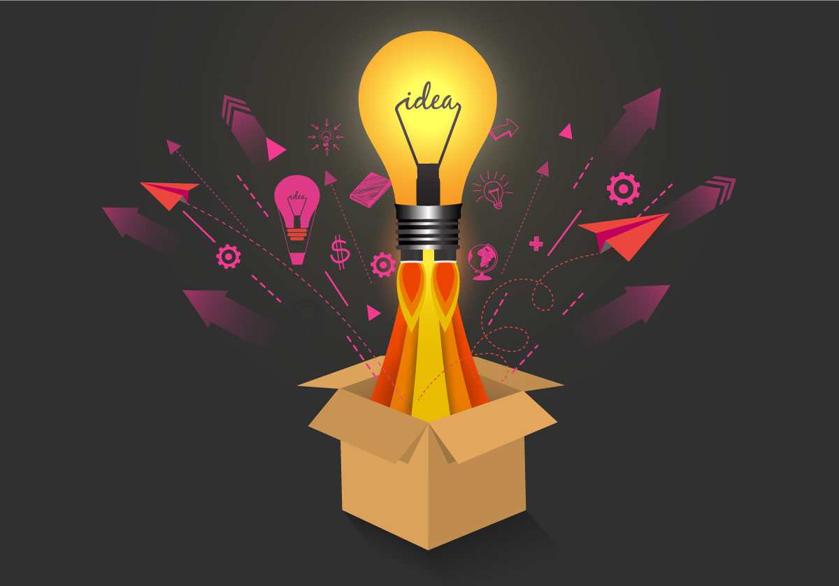 Lightbulb with "idea" written with the filament. Other lightbulbs, paper airplanes, gears, and assorted icons are flying off in the background