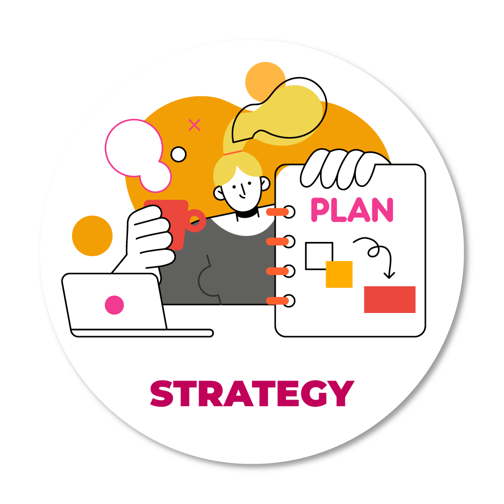 Strategy - woman holding up a notebook with "plan" written on it. 