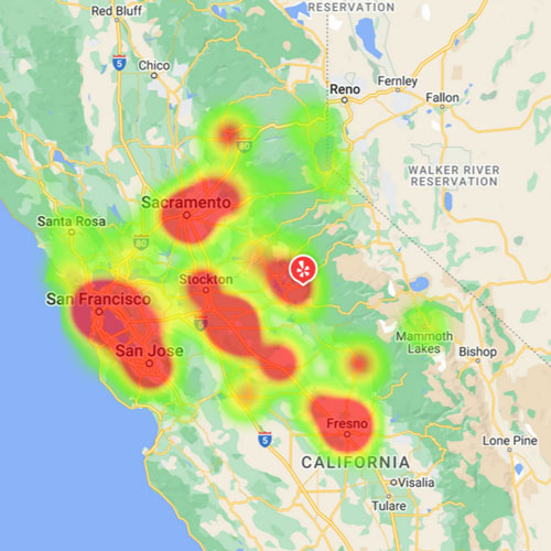 Heat map of Yelp ad performance showing red blobs over major cities in Central California. Lighter yellow and green blobs over less densely populated areas.